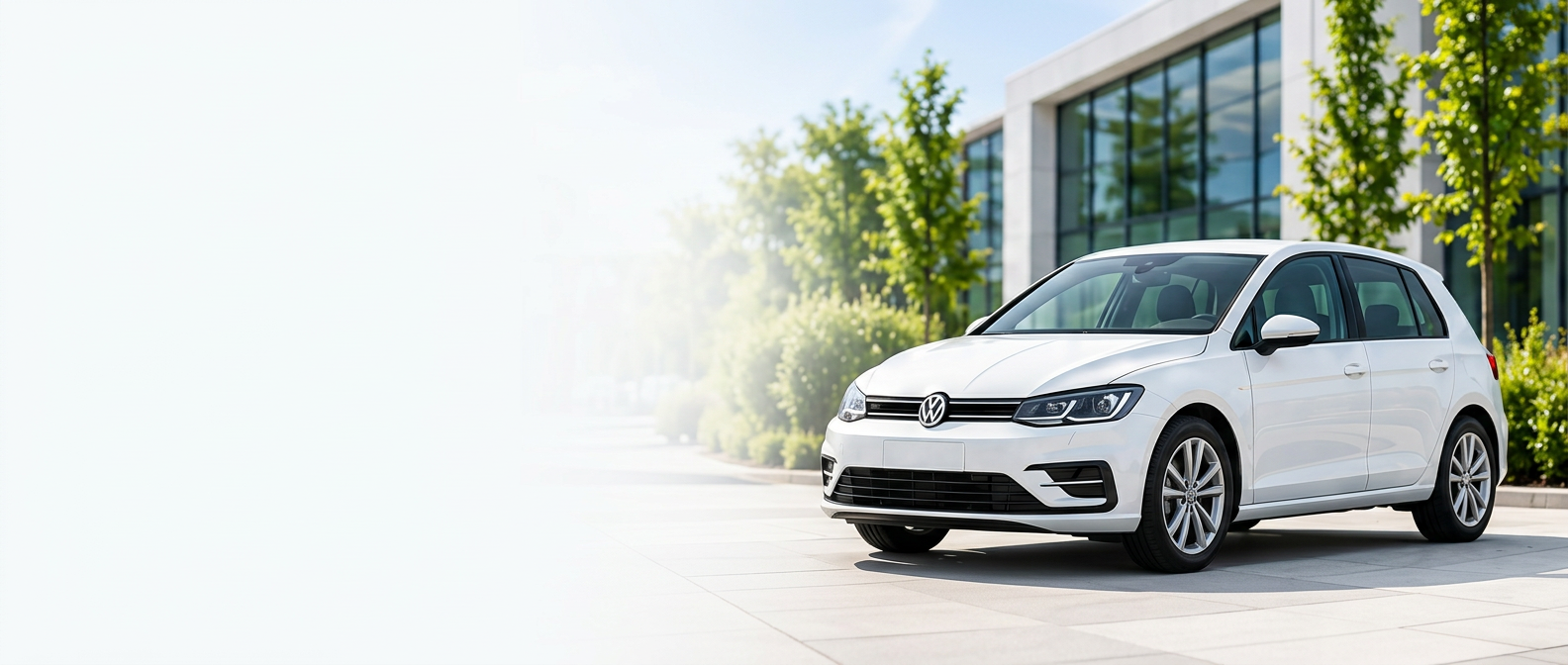 Illustratieve witte Volkswagen Golf voor een modern bedrijfsgebouw